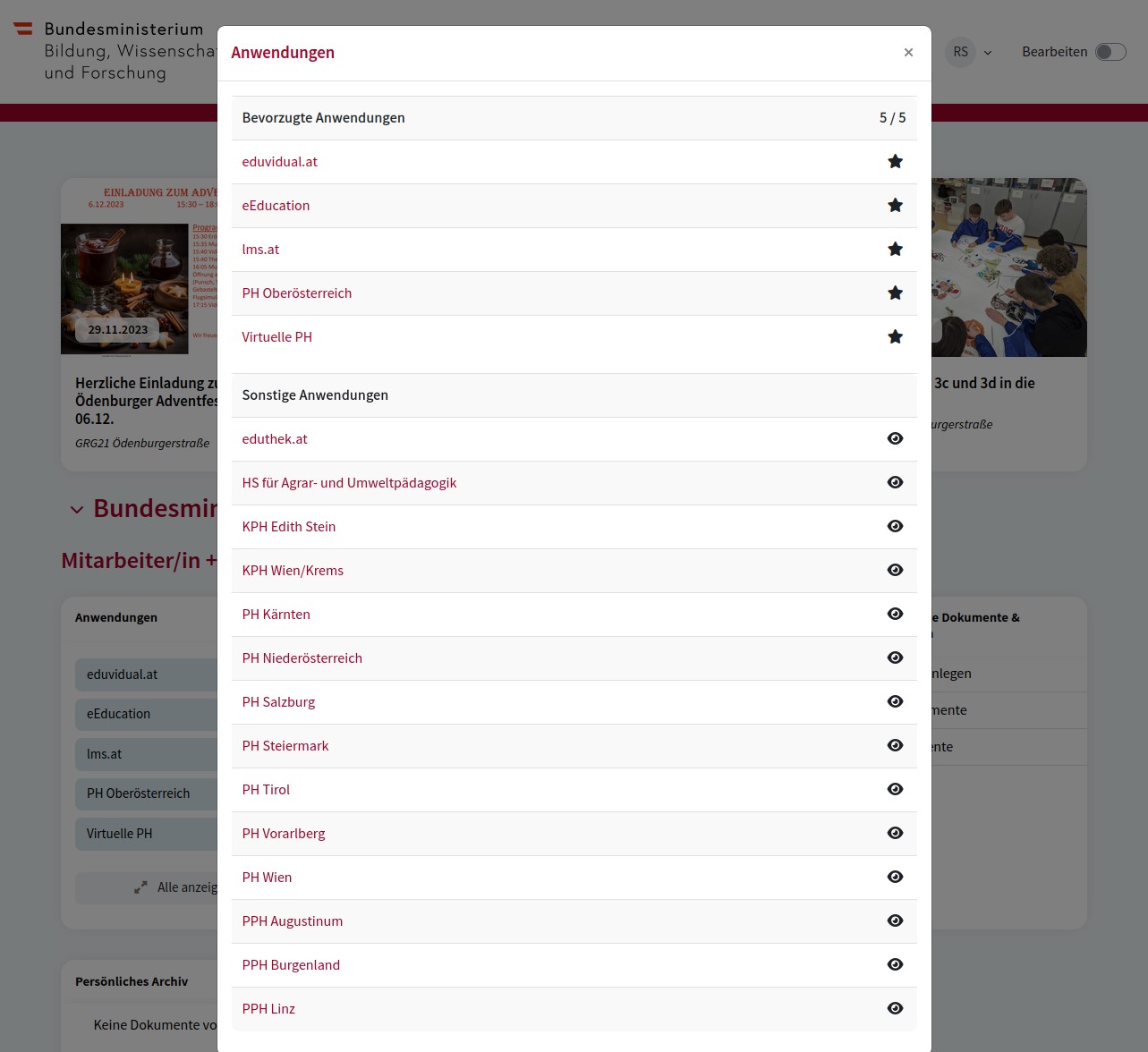 Abbildung 4: Beispiel für die Anwendungsauswahl im Bildungsportal durch Nutzer/innen (Screenshot)