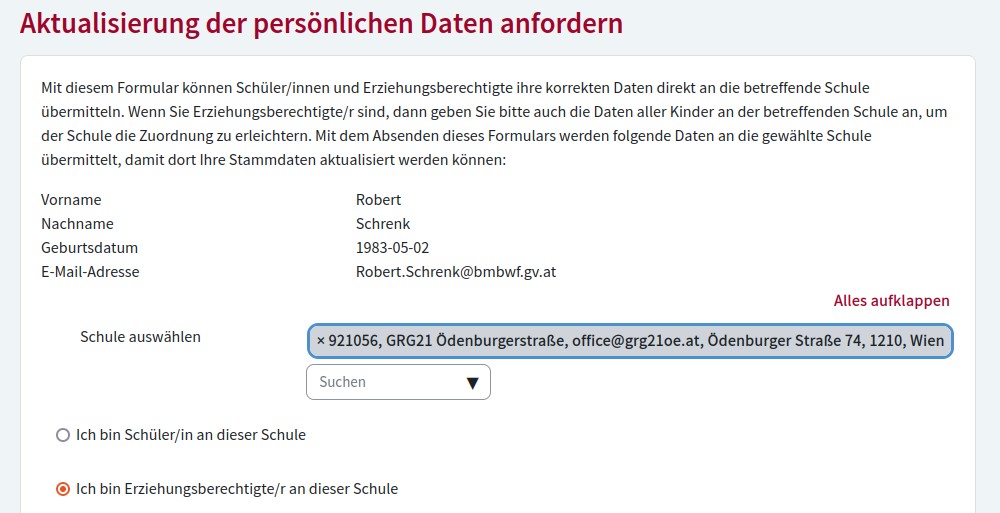 Abbildung 8: Beispiel für Datenkorrekturanfrage auf Basis von ID Austria Anmeldeinformationen (Screenshot)